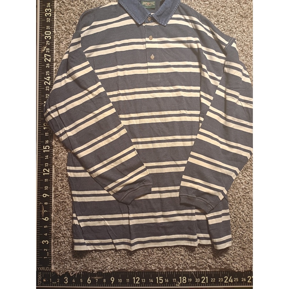 Vintage American Eagle Striped Long Sleeve Polo Shirt Denim Collar Blue XL NWT